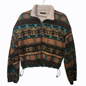 ZAFUL Women’s Fashion Tribal Print Plaid Faux Fur Lined Jacket Front Open Zip-L